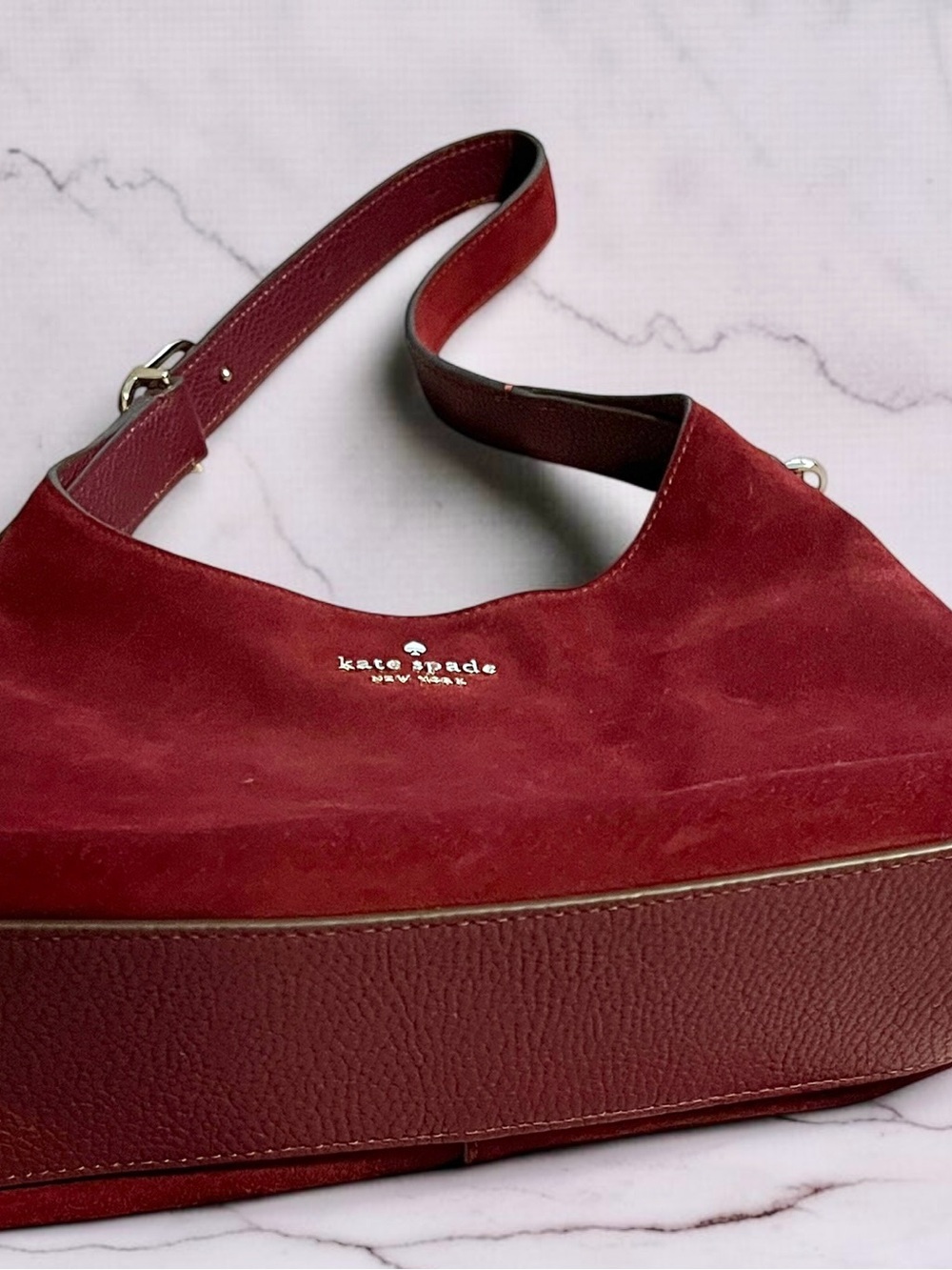 Kate Spade New York Burgundy Suede Hobo Shoulder Bag | Genuine Leather Trim - Picture 6 of 10
